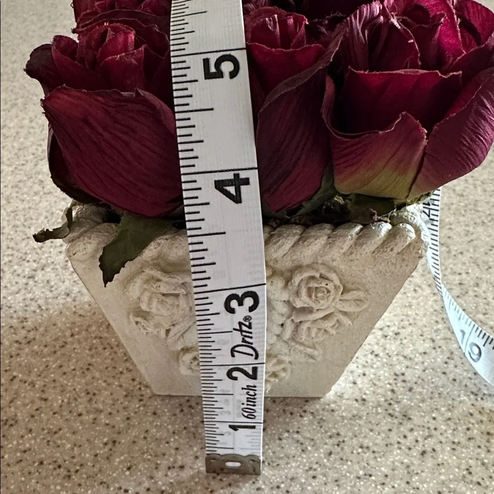 Decorative floral centerpiece Dark Red Artificial Roses in a White Ceramic Vase